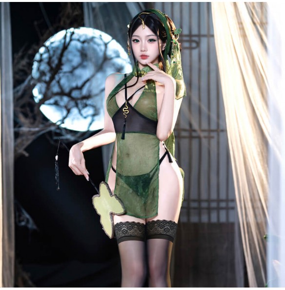 FEE ET MOI - Deep V Backless Cheongsam (Green - Black)